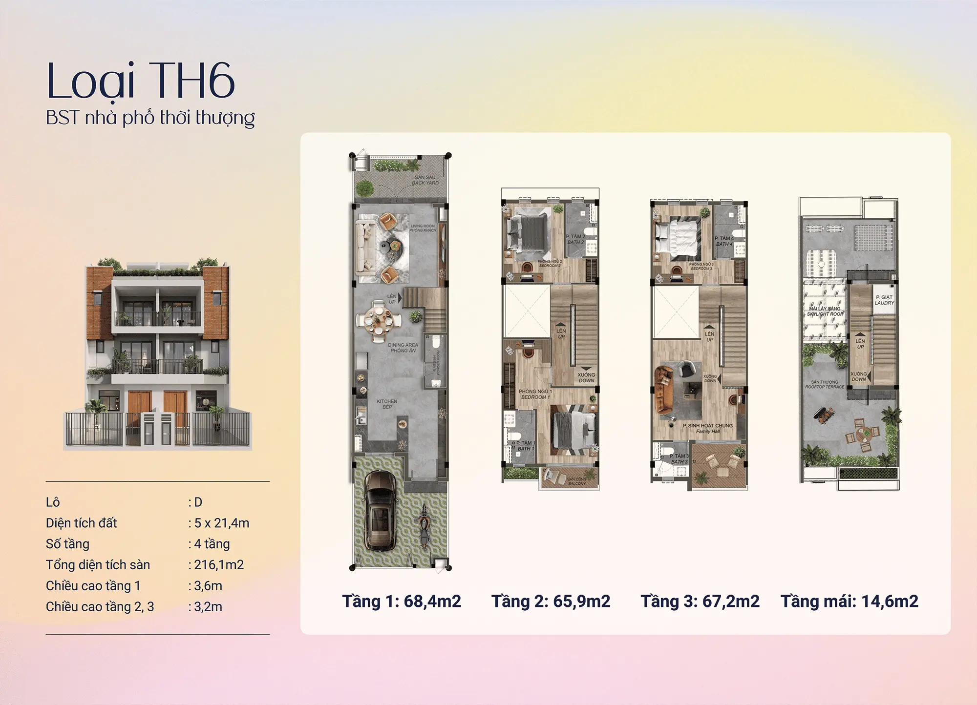 Loại TH6 - Diện tích 216,1m² tại lô D, không gian rộng rãi, thiết kế thông minh 4 tầng.