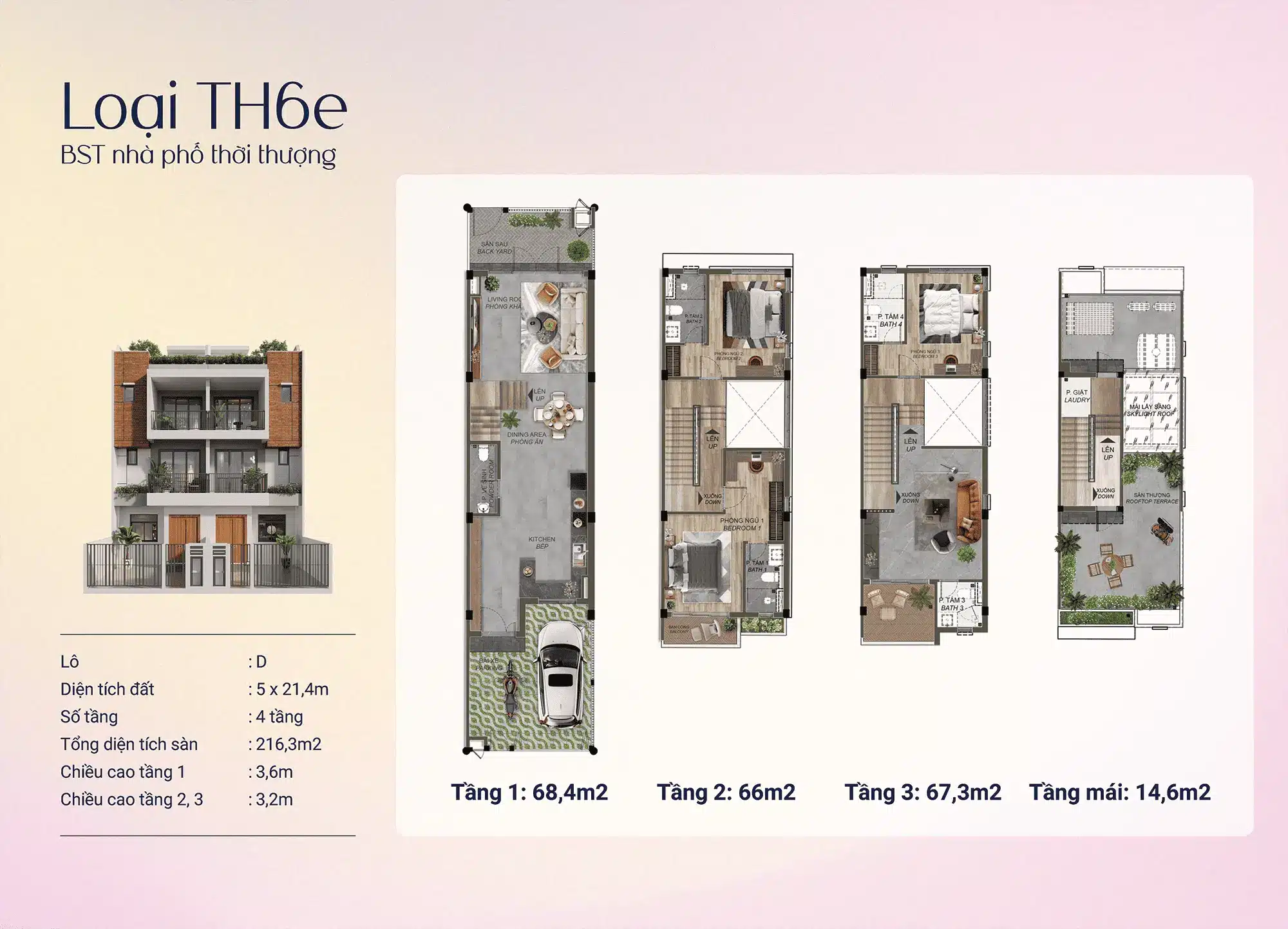 Loại TH6e - Phiên bản mở rộng 216,3m², tầng mái 14,6m² tạo không gian thư giãn lý tưởng.