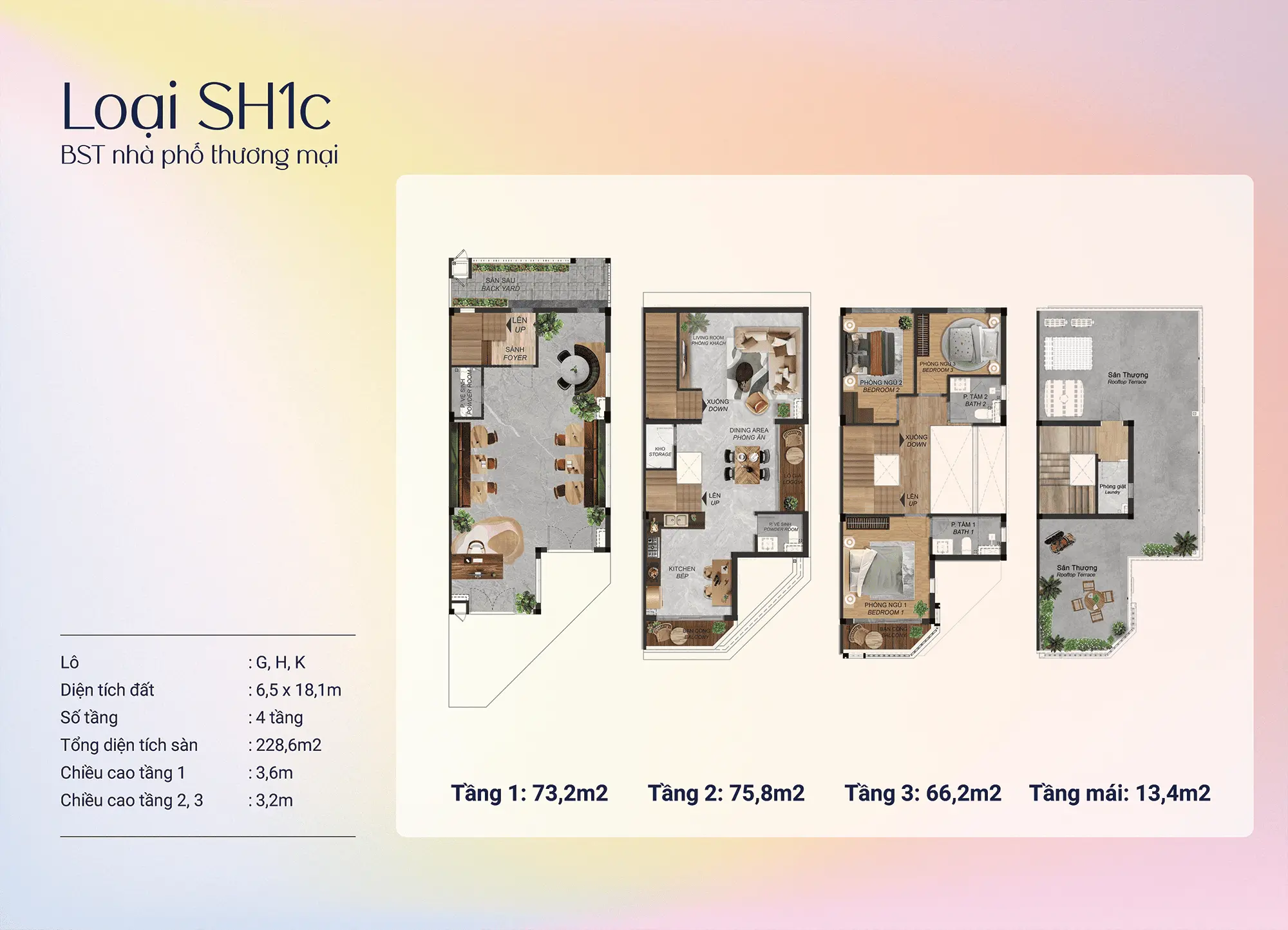 Nhà phố thương mại SH1c góc - 4 tầng rộng 228,6m². Vị trí đắc địa với 2 mặt tiền, không gian kinh doanh lớn tầng 1, khu vực sinh hoạt thoải mái.