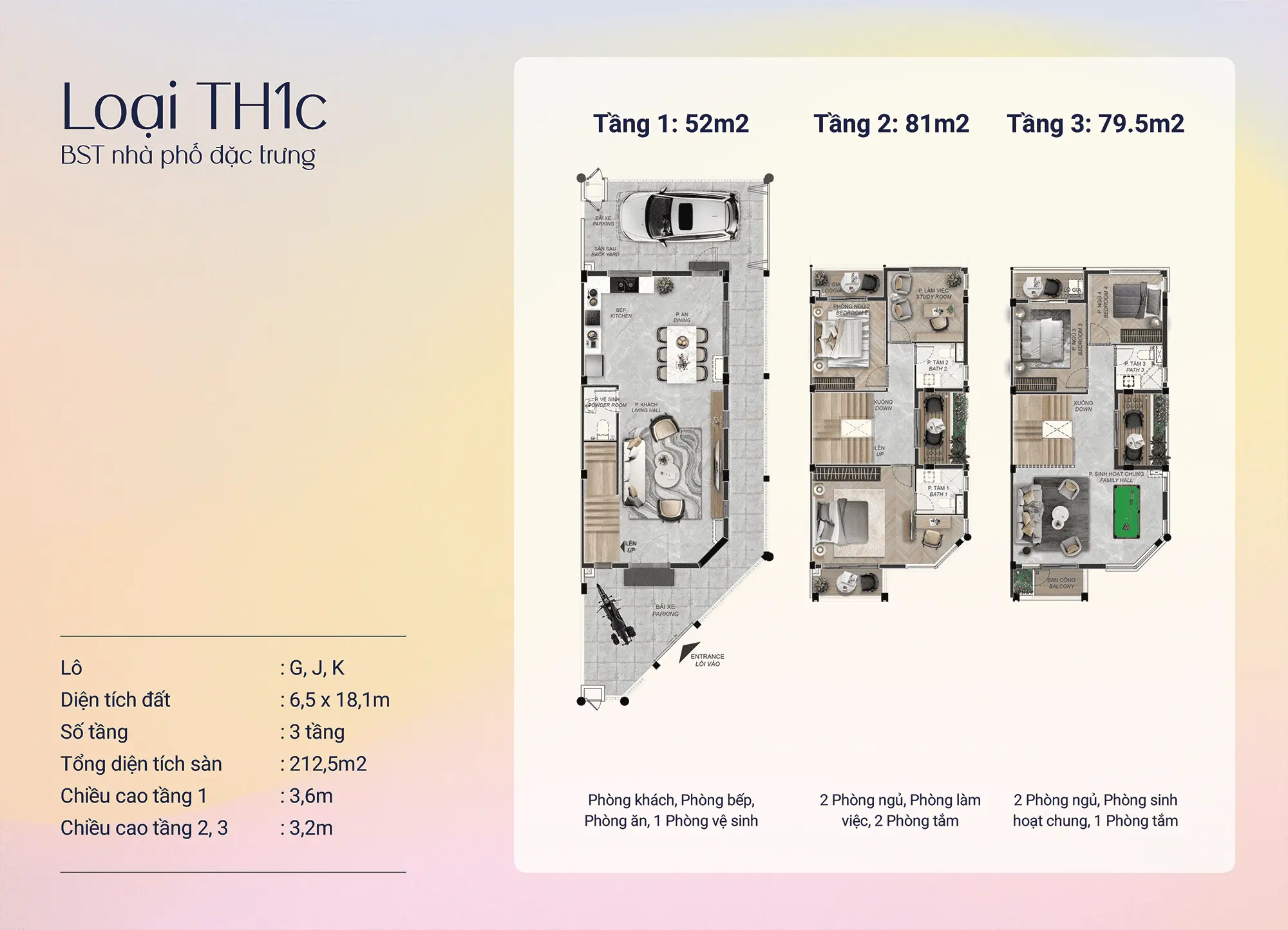 Loại TH1c - Phiên bản mở rộng 212,5m², không gian rộng rãi hơn, phù hợp gia đình đông thành viên.