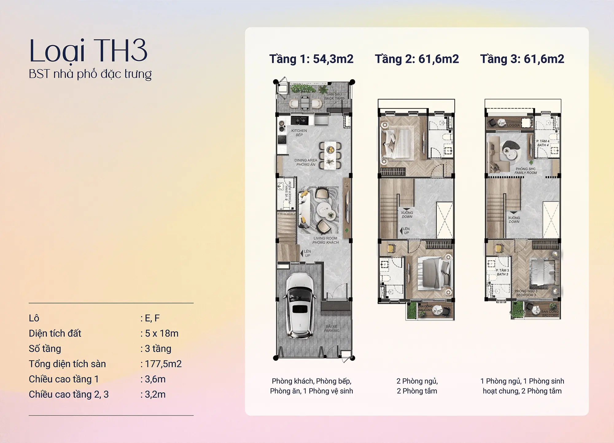Loại TH3 - Thiết kế 177,5m² tại lô E, F, bố trí thông minh, tận dụng tối đa không gian sống.