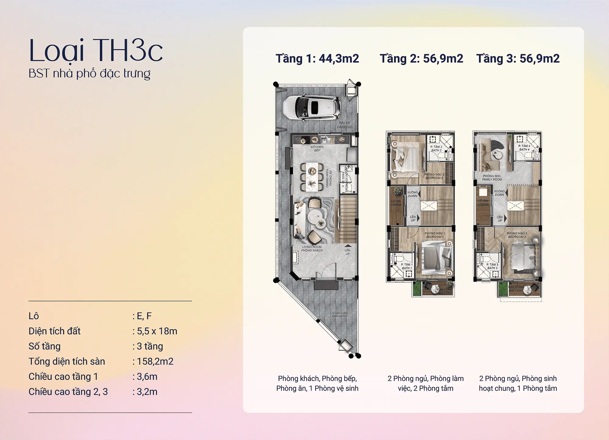 Loại TH3c - Phiên bản compact 158,2m², giải pháp tối ưu cho gia đình trẻ với ngân sách hợp lý.